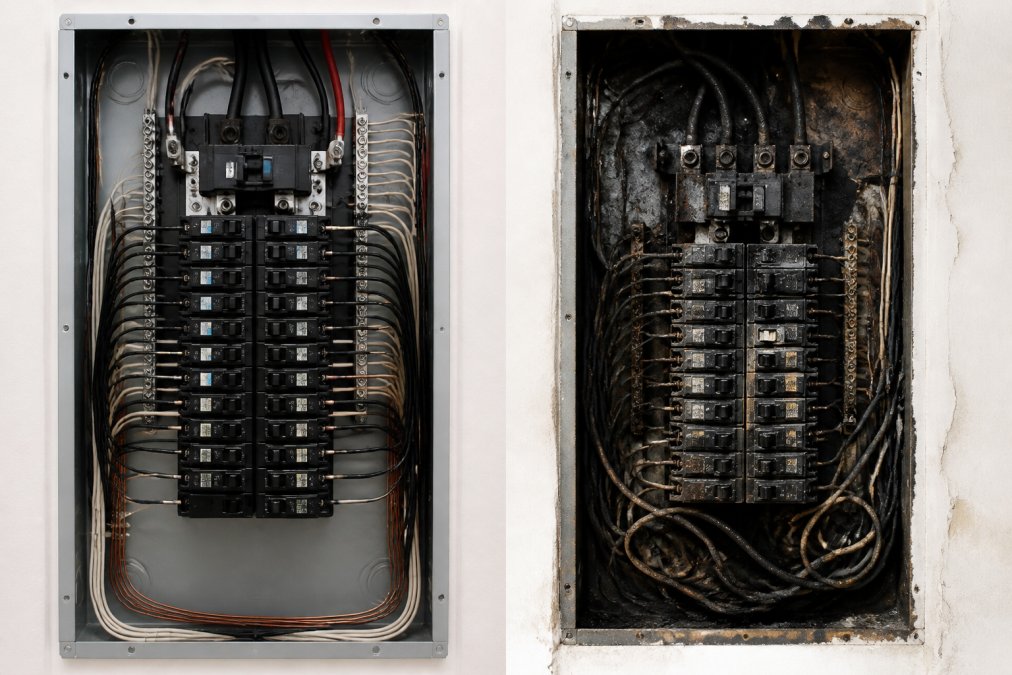 Diagram comparing a safe, labeled electrical panel with a hazardous, damaged panel needing emergency electrical repair.