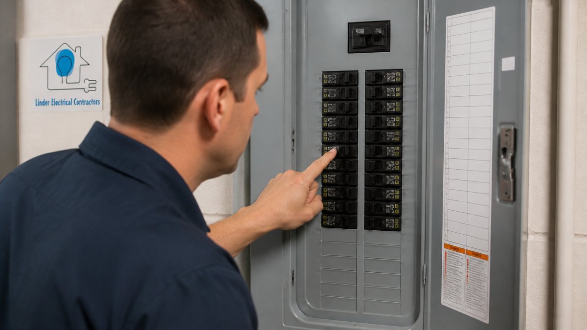 Close-up of a residential electrical panel with a tripped circuit breaker, showing the main breaker switch and warning label in a home utility room