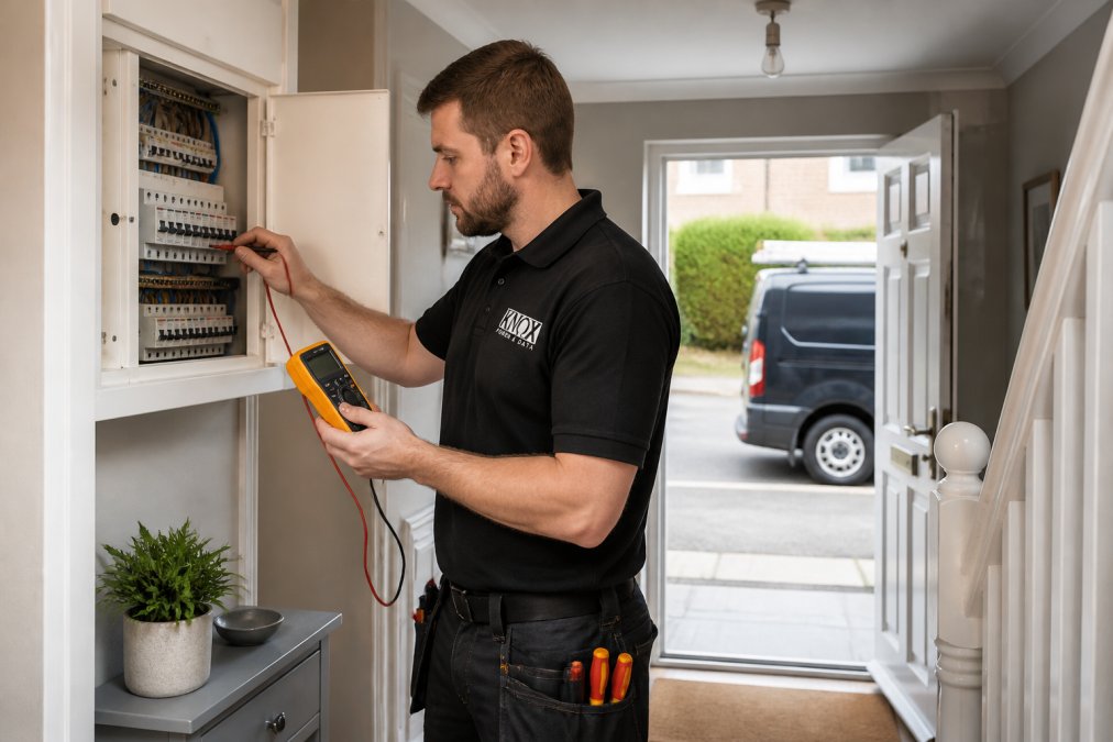 A qualified electrician in a branded uniform using a multimeter to test a consumer unit in a residential hallway, with a fully equipped van visible through the open front door