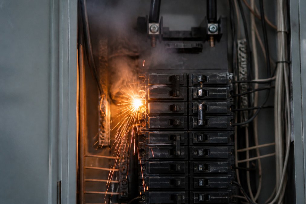 Close-up of an electrical panel with visible arcing and sparking near the main breaker switches, showing the hazardous condition requiring immediate emergency electrician response