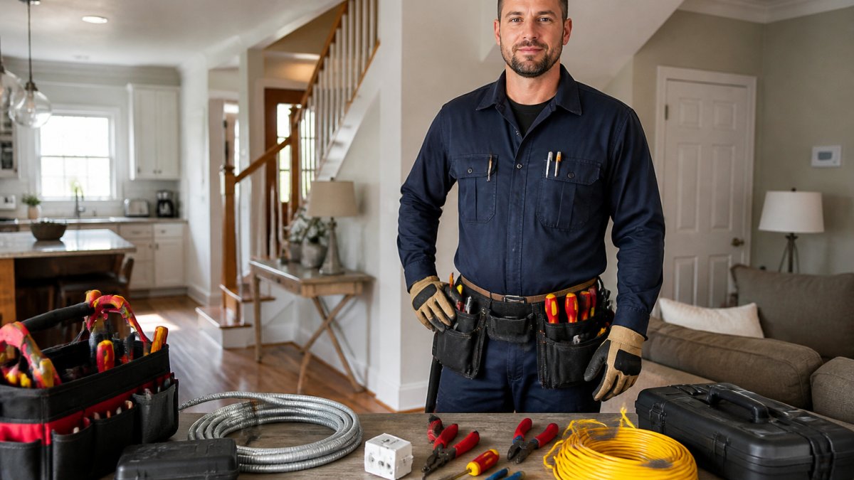 Professional electrician in uniform with visible credentials and toolbelt standing in residential home interior, demonstrating competent demeanor and proper safety equipment