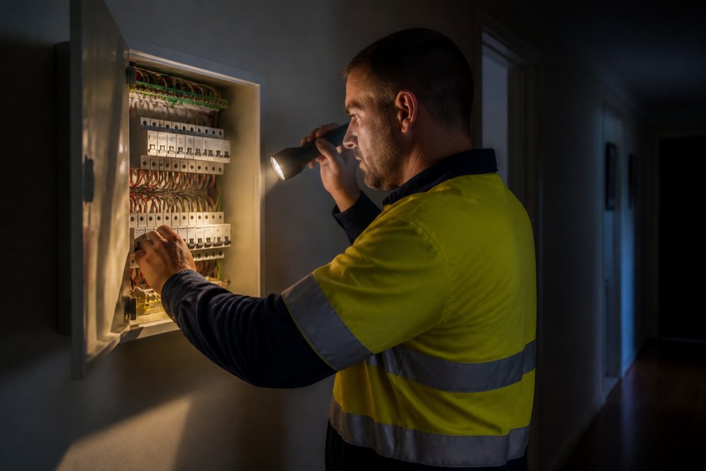 A licensed electrician in high-visibility work gear inspecting a residential switchboard with a handheld torch at night, the panel lit by warm torch glow against a dark hallway