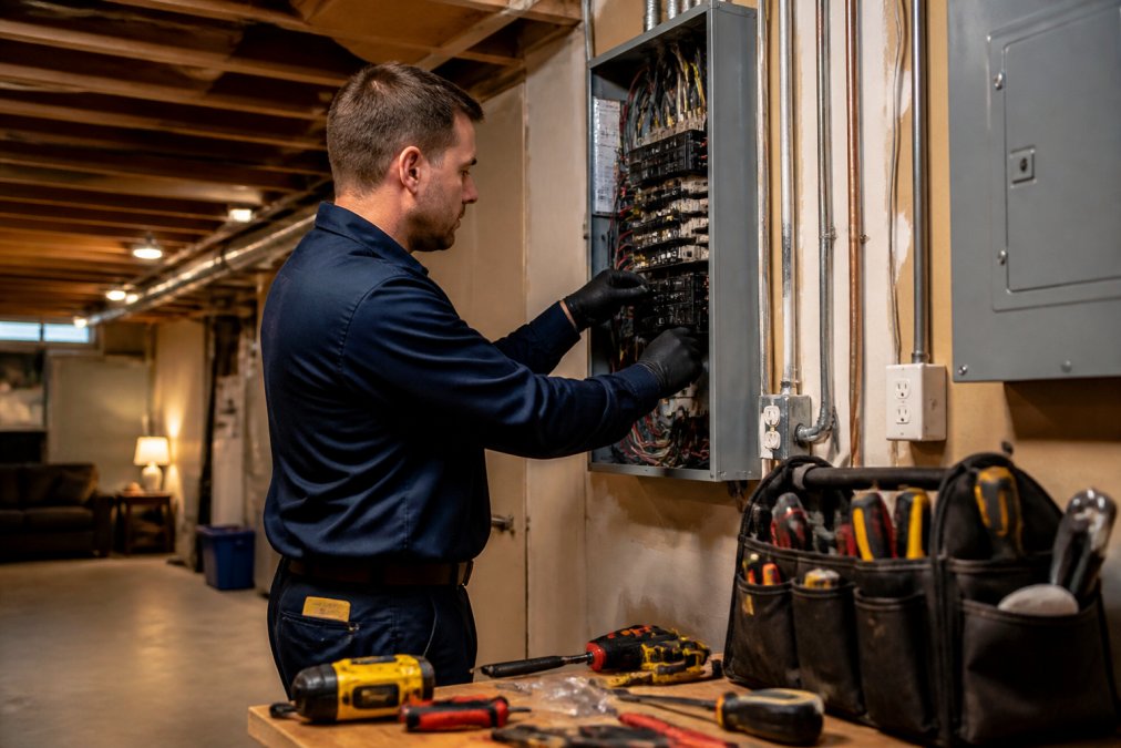 A licensed electrician in a dark blue work uniform inspecting an open residential electrical panel, tools laid out on a nearby workbench under warm overhead lighting in a finished basement