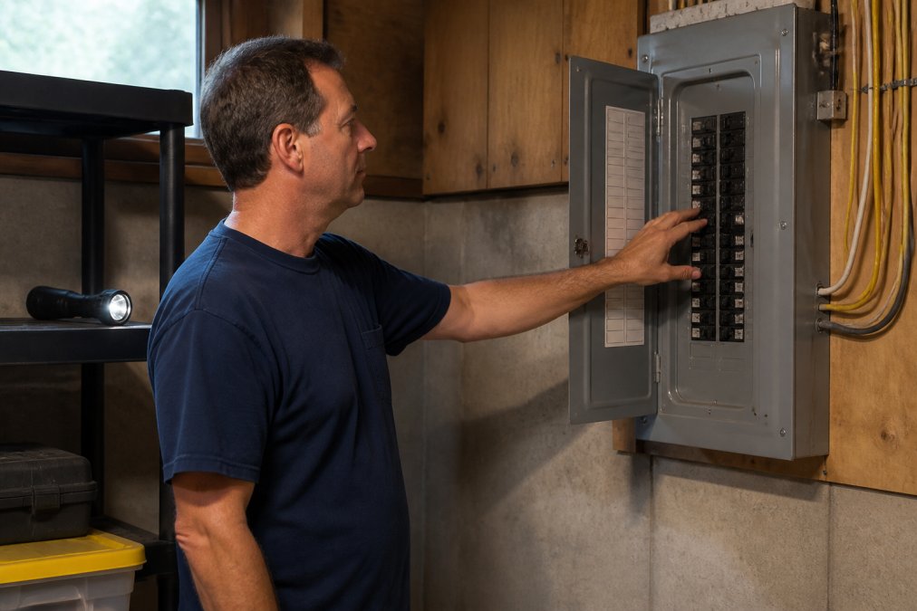 A homeowner in casual clothing standing calmly in a utility room, one hand resting on the main breaker switch of a residential electrical panel, with a flashlight on the nearby shelf and soft ambient lighting