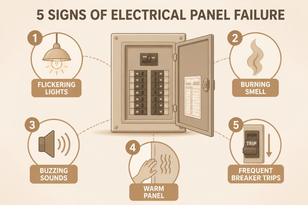 Infographic diagram highlighting 5 common warning signs of electrical panel failure: flickering lights, burning smell, buzzing sounds, warm panel, and frequent breaker trips