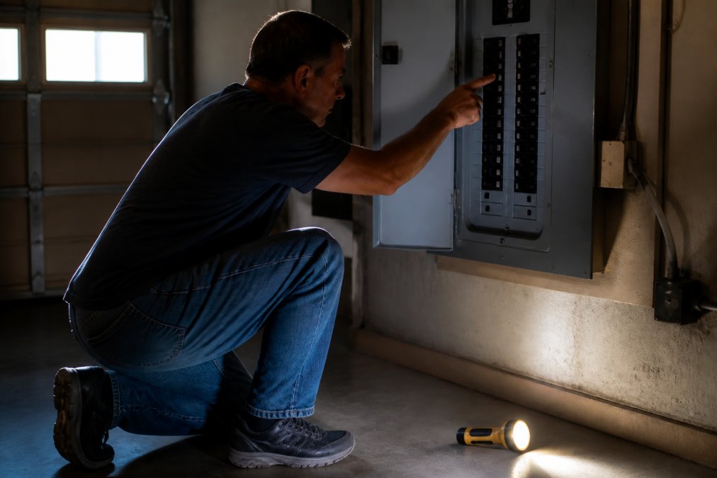 Homeowner safely switching off a circuit breaker while waiting for an emergency electrician to arrive.