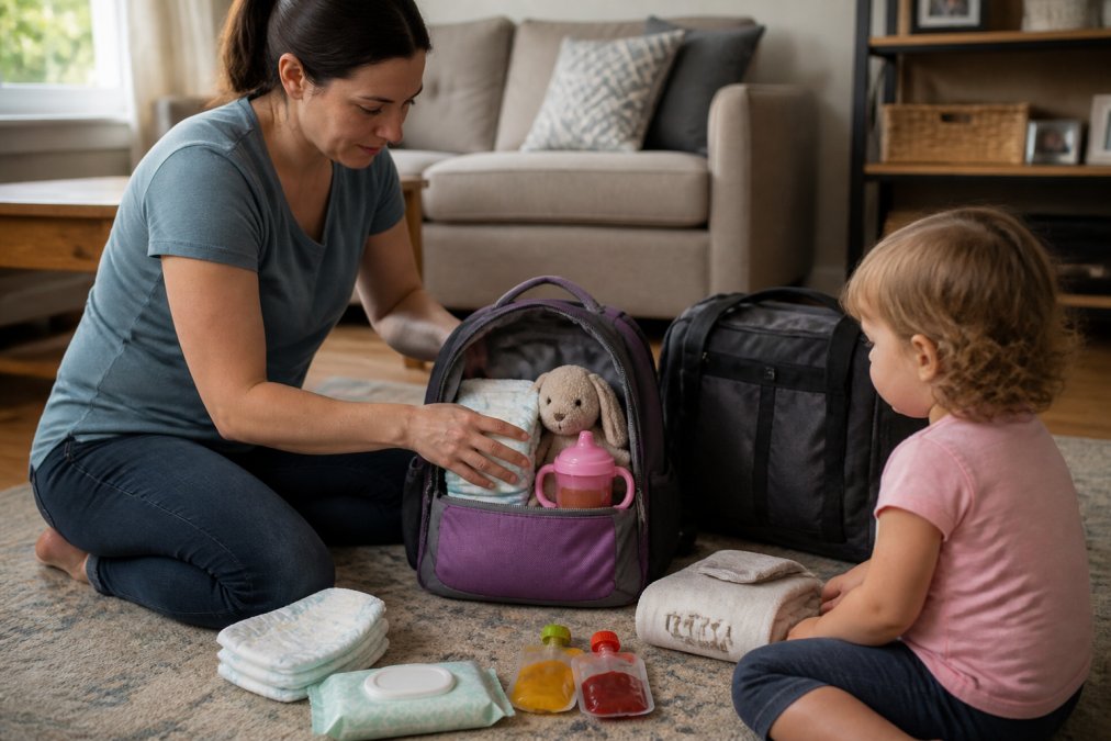 Parent packing a toddler’s emergency go-bag with essentials like diapers, snacks, and a toy to aid family evacuation.