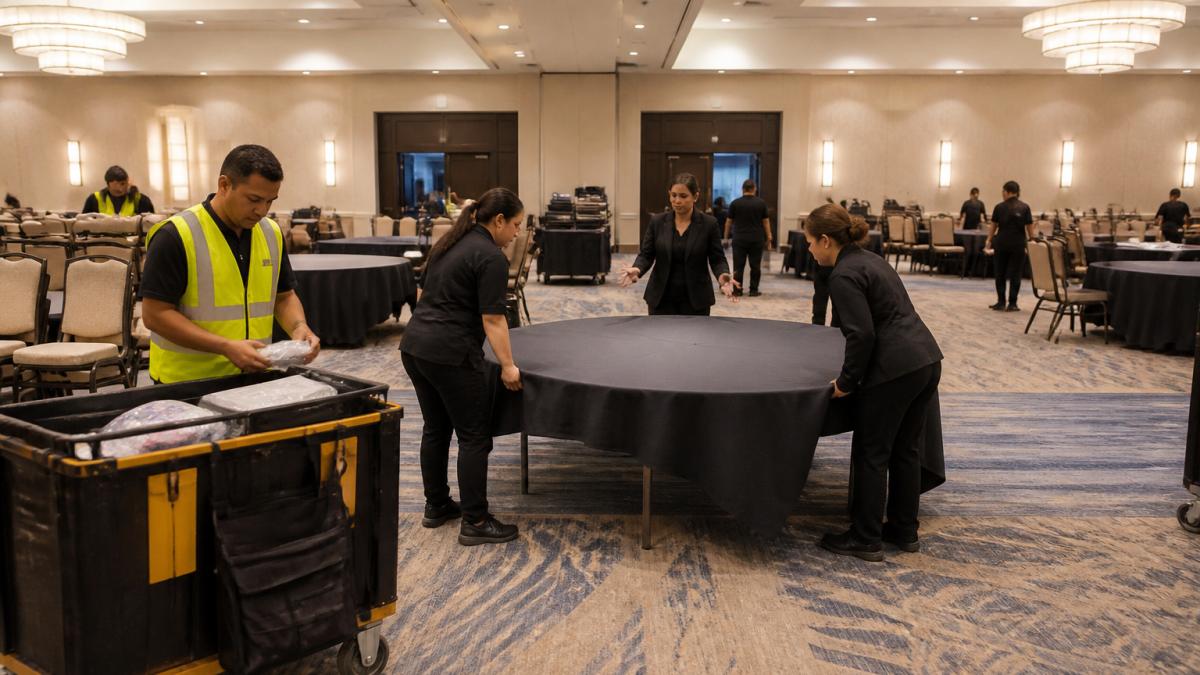 Professional event staff in branded uniforms and safety vests actively arranging tables and chairs in a large ballroom, with supervisors coordinating in the background under bright overhead lighting