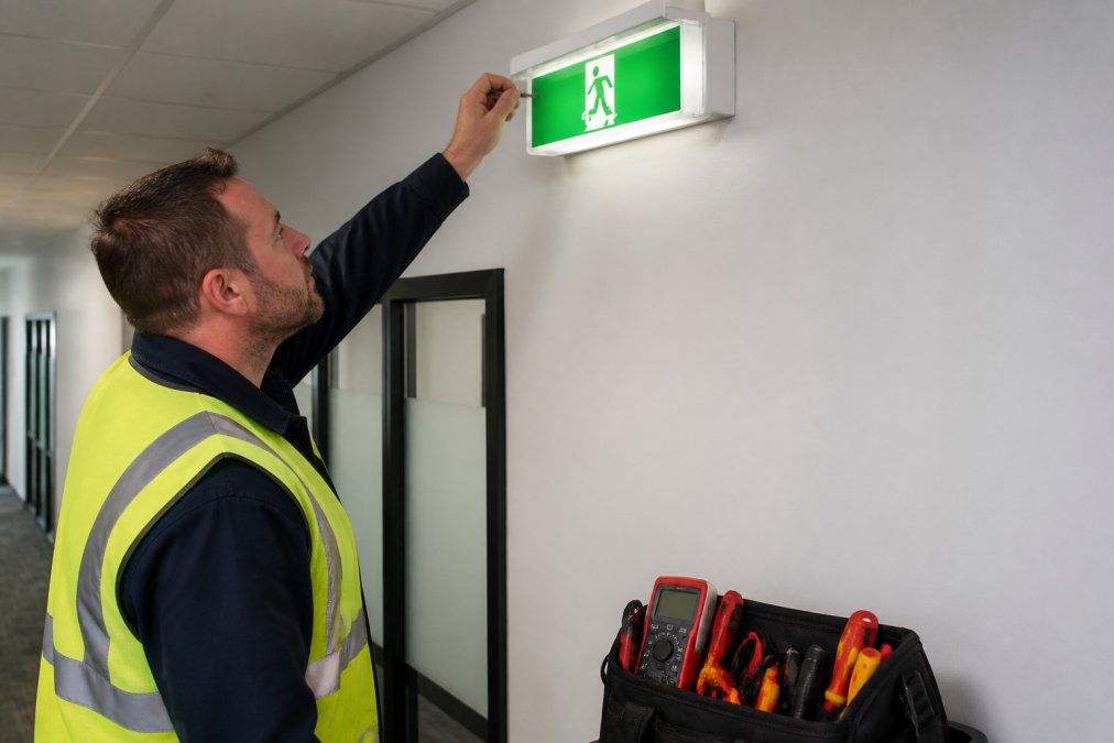 A qualified technician in a hi-vis vest using a test key on an emergency exit light mounted on a wall in a commercial office corridor, checking the lamp illumination during a simulated power failure