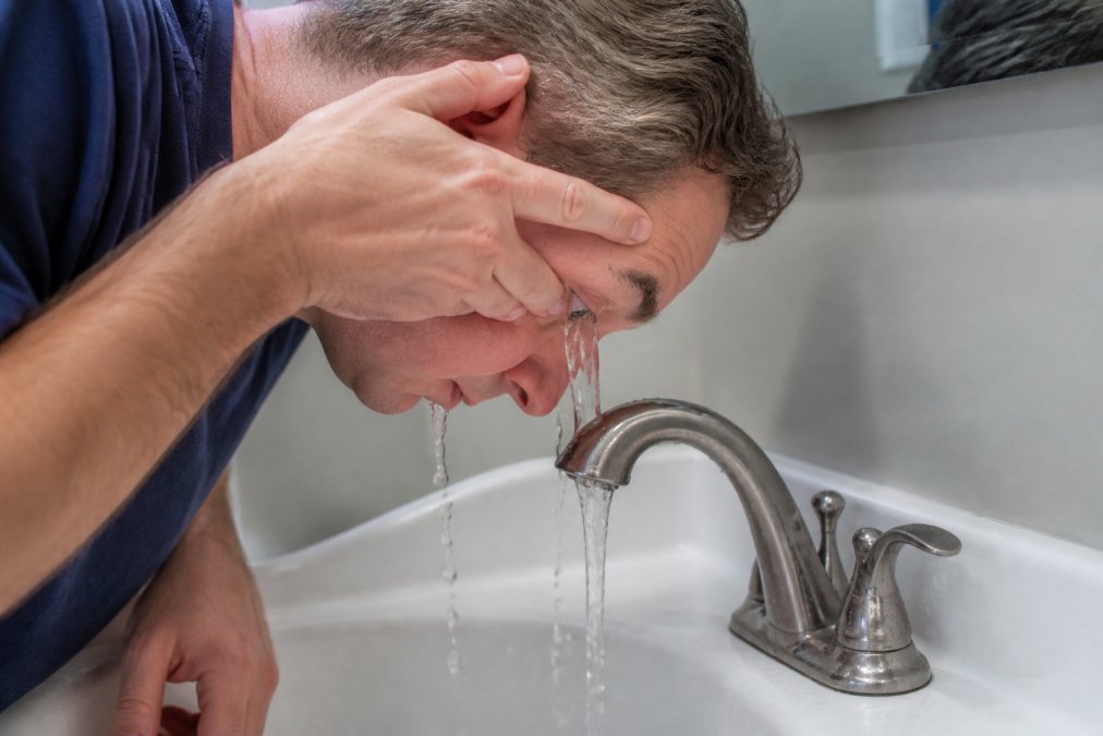 Close-up of a person's hands carefully rinsing their eye with clean water at a sink, demonstrating proper first-aid technique for eye injuries