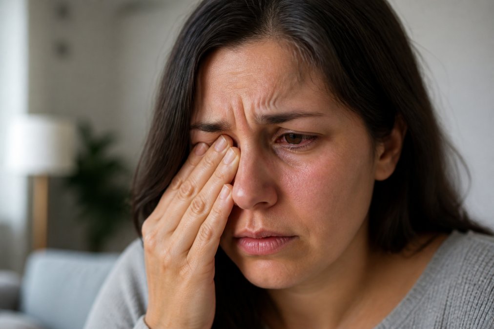 Person with a red, irritated eye looking for an emergency eye doctor due to sudden discomfort and pain