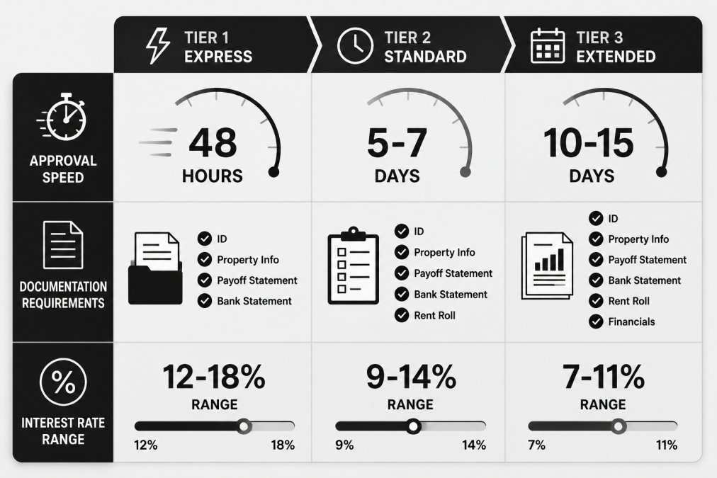 Timeline comparison chart showing approval speed (48 hours vs. 5-7 days vs. 10-15 days) alongside documentation requirements and typical interest rate ranges for each tier