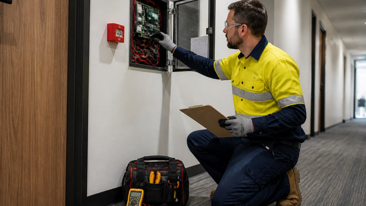 A licensed fire protection technician in a high-vis shirt and safety gloves inspecting a fire alarm panel in a commercial building corridor, clipboard in hand, with a multimeter and tool bag on the floor beside him