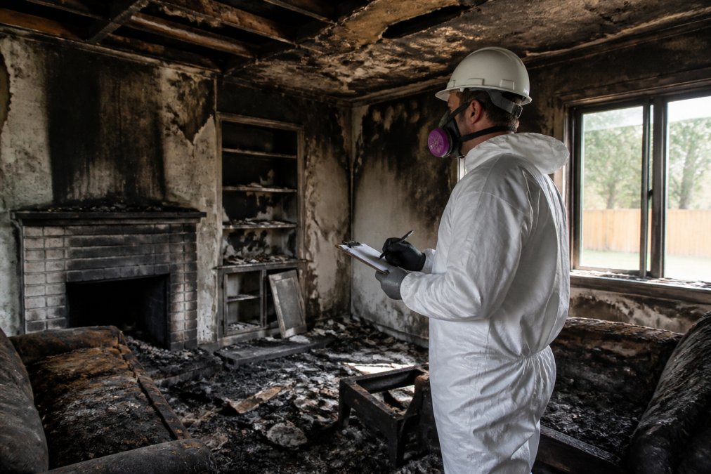 A homeowner in protective gear and a respirator inspecting a fire-damaged living room with soot-stained walls and a clipboard, daylight coming through a window