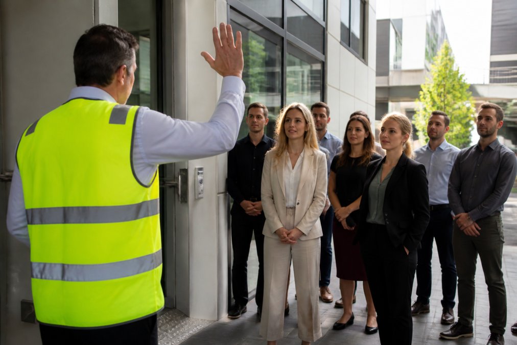 Fire warden conducting an emergency evacuation drill with employees gathered near an emergency exit, demonstrating clear communication and leadership during the exercise in a modern commercial building