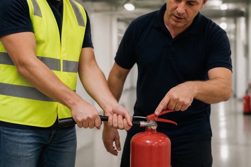 Close-up of employee hands demonstrating proper fire extinguisher technique with an instructor pointing to the nozzle and gauge during a hands-on training session in a modern facility