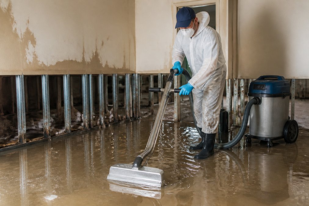 A restoration technician in protective gear operating a commercial water extraction machine in a flooded residential basement, with visible standing water and wet drywall in the background
