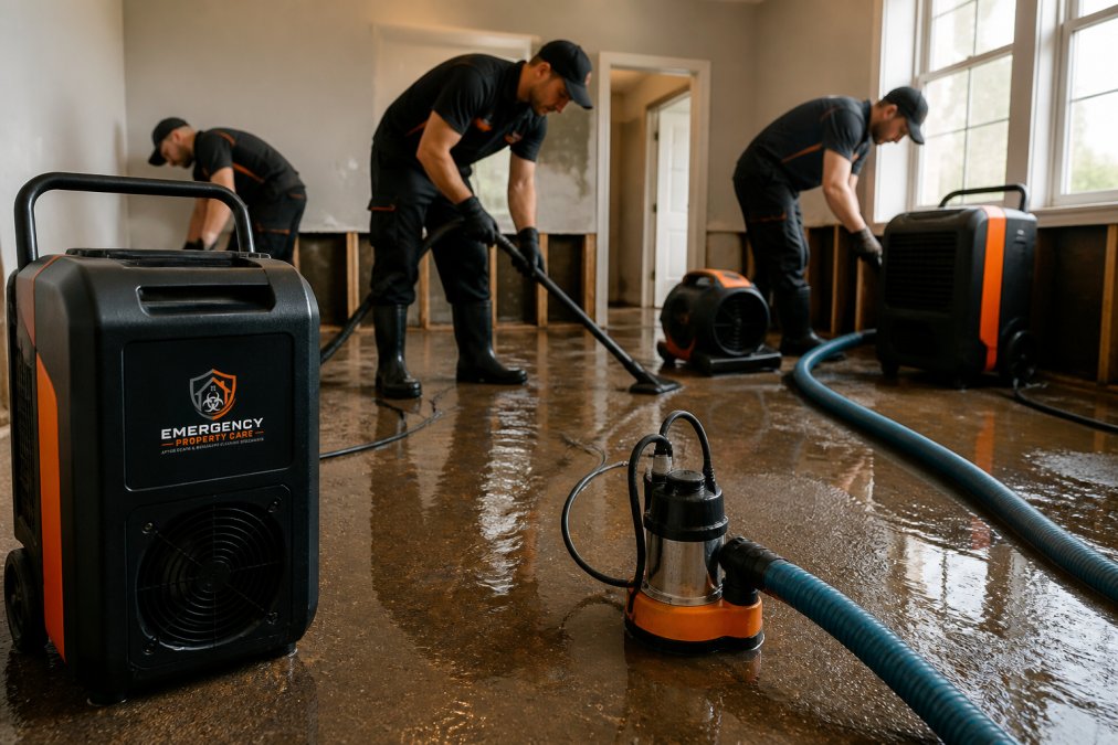 Professional restoration technicians operating industrial dehumidifiers and submersible pumps in a water-damaged living room with furniture removed and water extraction hoses visible