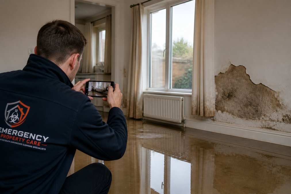 Homeowner documenting water damage with smartphone camera, photographing affected walls and flooring in a flooded room with water visible on the floor