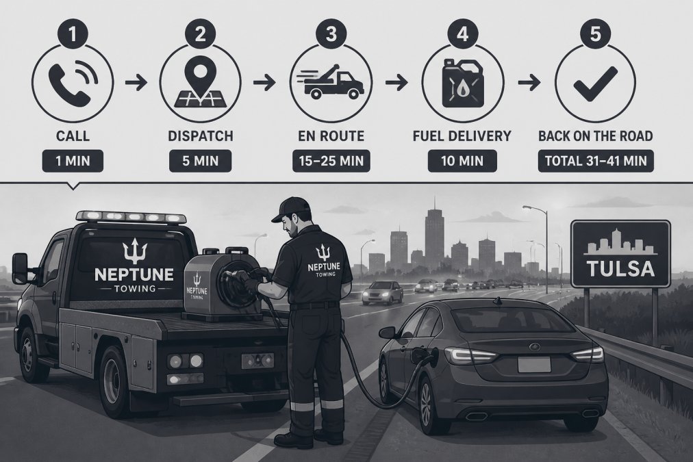 Professional tow truck with Neptune Towing branding arriving at a stranded sedan on the shoulder of a busy Tulsa highway at dusk, technician in uniform preparing fuel equipment from the truck bed, showing calm professionalism and quick response capability