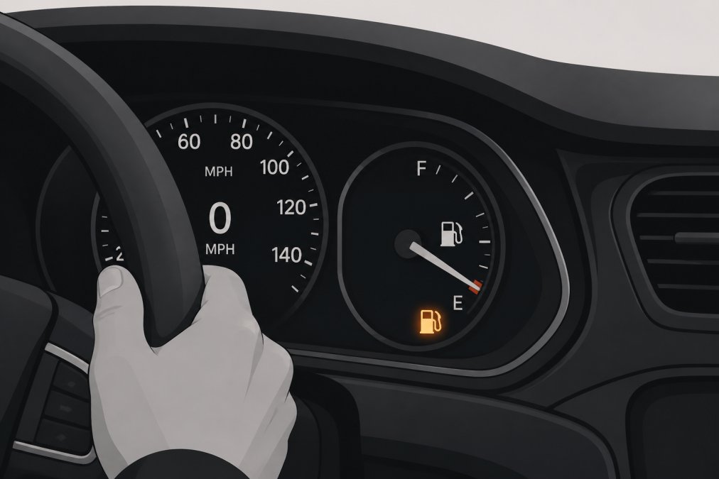 Close-up of a vehicle's digital dashboard fuel gauge showing the needle approaching empty, with warning light illuminated, driver's hand visible on the steering wheel, illustrating the importance of monitoring fuel levels before emergency situations develop