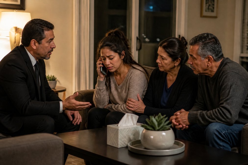 A calm, softly lit living room at night with a phone resting on a side table and a warm lamp glowing, an empty armchair nearby suggesting a family member stepping away to make a call in the early morning hours