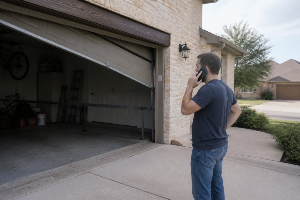 Homeowner calling for emergency garage door repair while inspecting a broken door in their driveway.