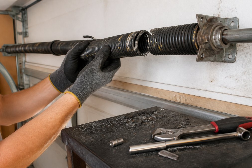 Professional technician's hands carefully inspecting a broken torsion spring on a residential garage door, showing the damaged coil and metal debris, with tools laid out on a workbench