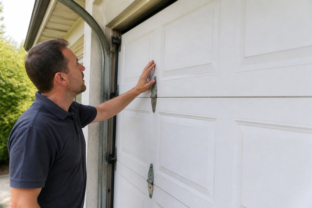 Homeowner standing in front of a residential garage door, carefully inspecting visible hinges, rollers, and door panels for visible damage, rust, or misalignment, in natural daylight