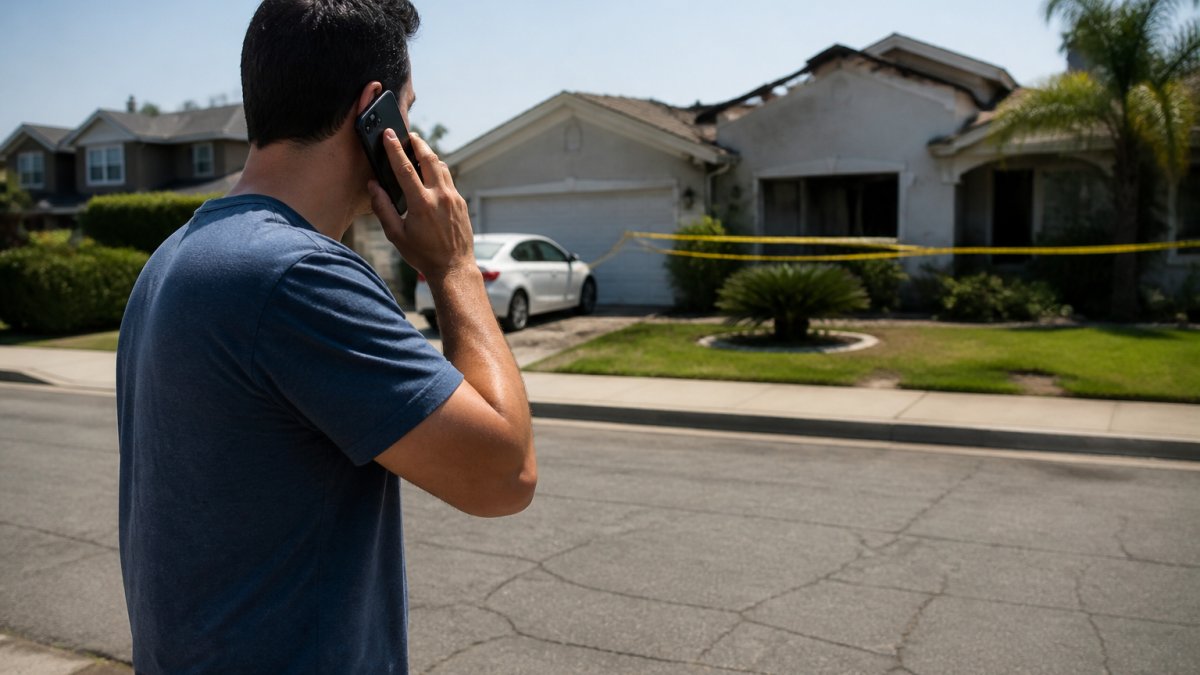 Homeowner standing safely outside their house at a distance during daytime, looking back at their home with a calm but alert expression while on phone