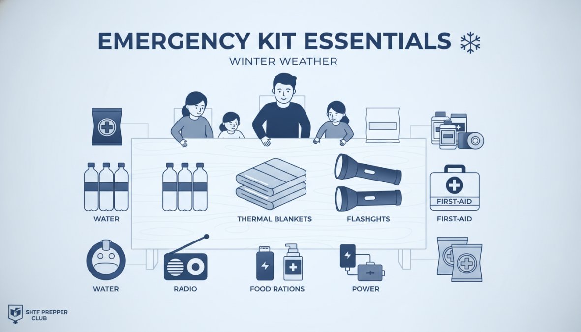 Family gathered around a well-organized emergency kit laid out on a table, showing thermal blankets, flashlights, first-aid supplies, bottled water, and non-perishable snacks arranged clearly in a home setting