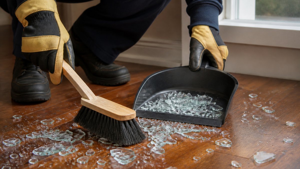 Close-up of a hand wearing protective gloves carefully sweeping broken window glass fragments from a wooden floor with a broom and dustpan
