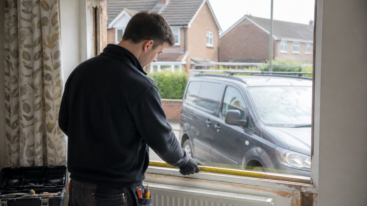 A glazier in work clothes and gloves measuring a broken window frame in a residential home, with a van visible through the window and a toolbox on the floor nearby