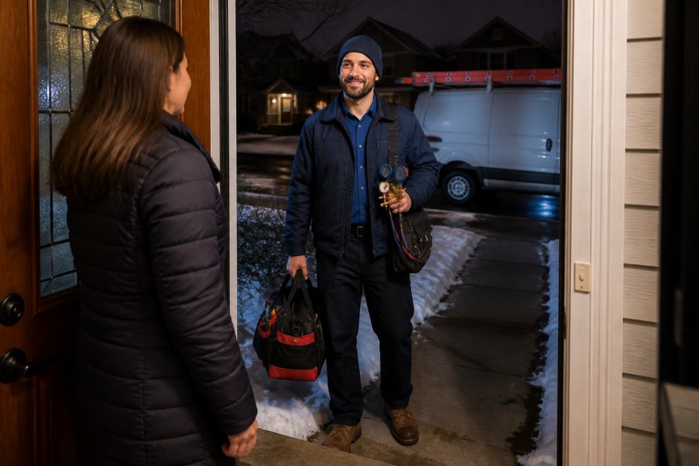 A homeowner in a winter coat opening the front door at night to greet a uniformed HVAC technician carrying a tool bag and diagnostic equipment, service van visible in the driveway behind them
