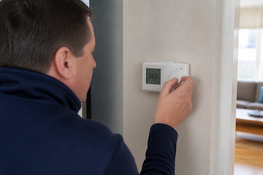 Homeowner examining a wall-mounted thermostat with LED display, adjusting the temperature dial with one hand while checking the current setting reading