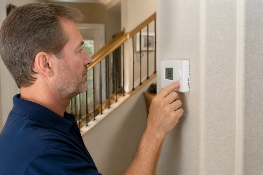 Homeowner troubleshooting heater by examining furnace thermostat on wall, adjusting temperature dial with visible LED display showing current temperature settings in residential home