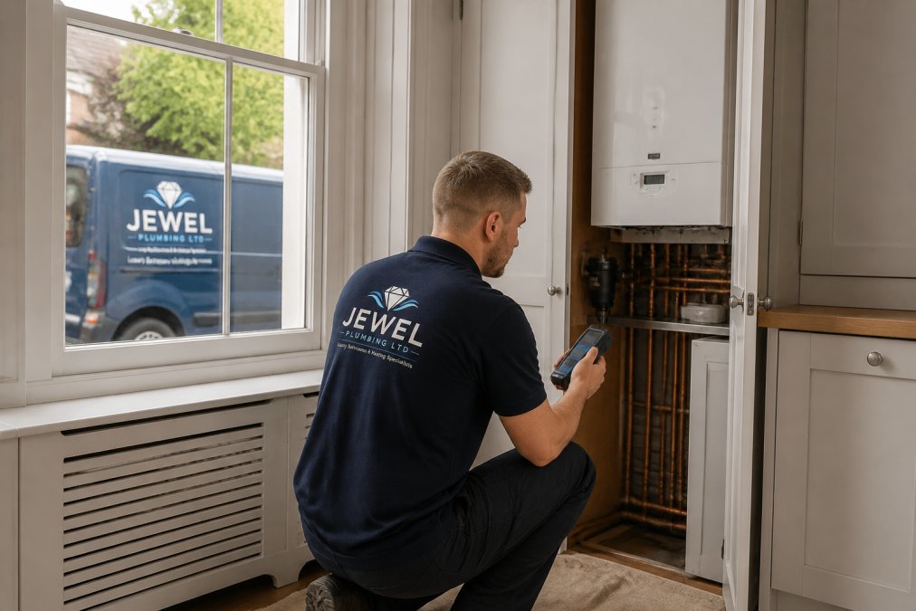 A Gas Safe registered heating engineer in a navy uniform kneeling beside an open boiler cupboard in a British home, holding a diagnostic tool, with a van visible through the window