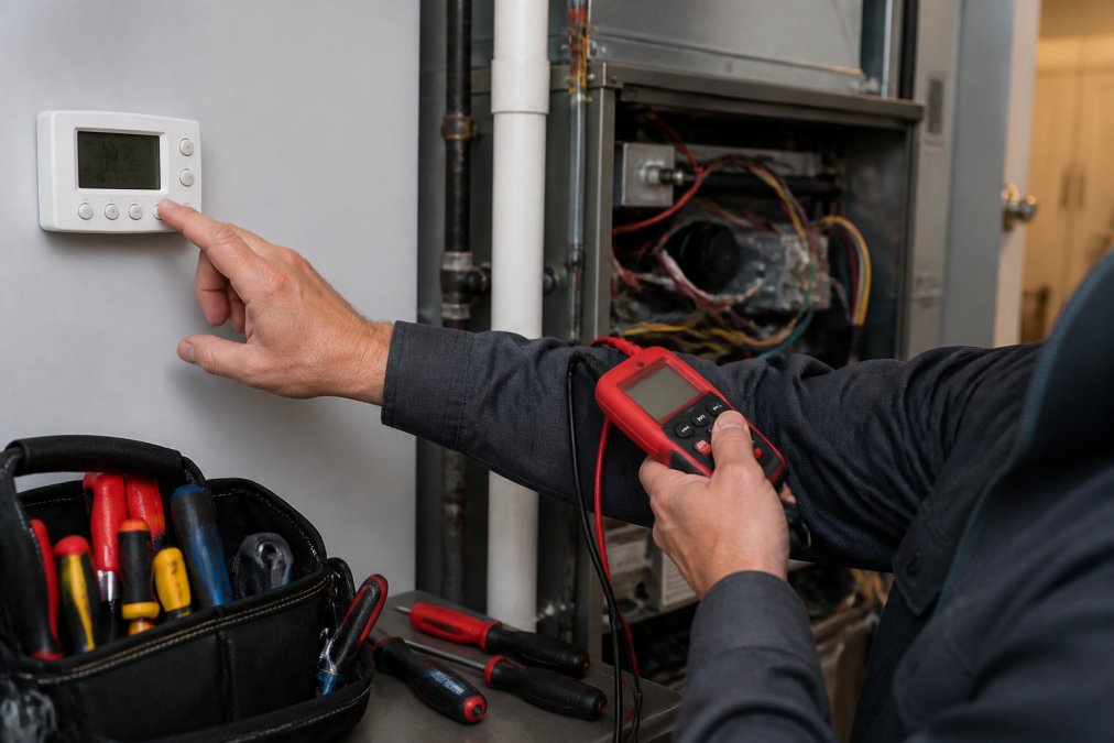 Professional HVAC technician's hands checking thermostat settings and furnace control panel with diagnostic tools visible on workbench