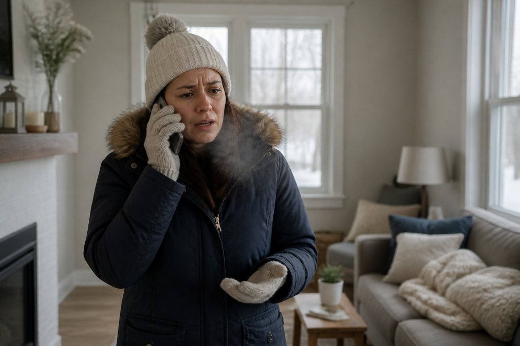 Homeowner in winter clothing speaking on phone while standing in living room with visible breath, showing urgency of emergency heating repair situation
