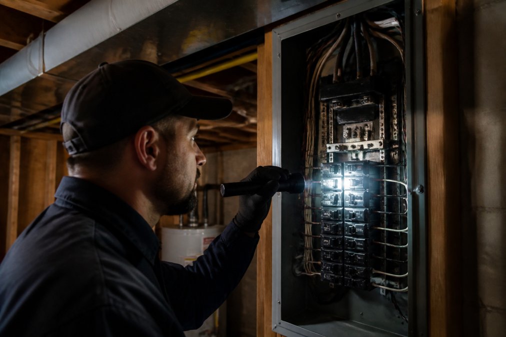 A professional electrician in a dark uniform and safety gloves inspecting a residential electrical panel with a flashlight in a dimly lit home utility room