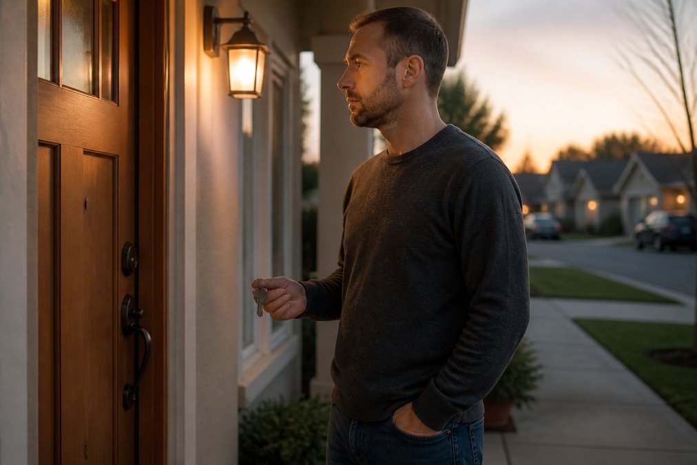 A homeowner standing on a front porch at dusk, looking at a locked front door with keys visible in hand, calm but frustrated expression, suburban residential neighborhood in soft evening light