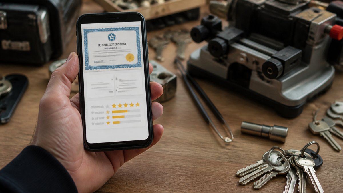 Close-up of a homeowner's hand holding a smartphone displaying a locksmith's license number, business registration, and customer reviews on the screen