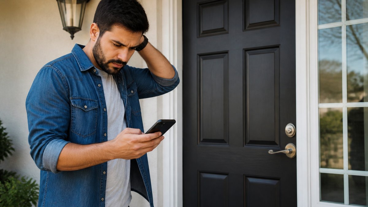 Homeowner standing outside their front door, checking phone for locksmith contact information, with house entrance and lock visible in background
