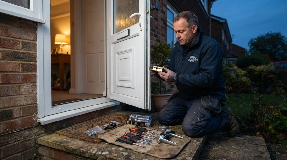A locksmith kneeling at a white uPVC front door at dusk, holding a replacement euro cylinder up to the light while a tool roll and spare handles rest on the doorstep