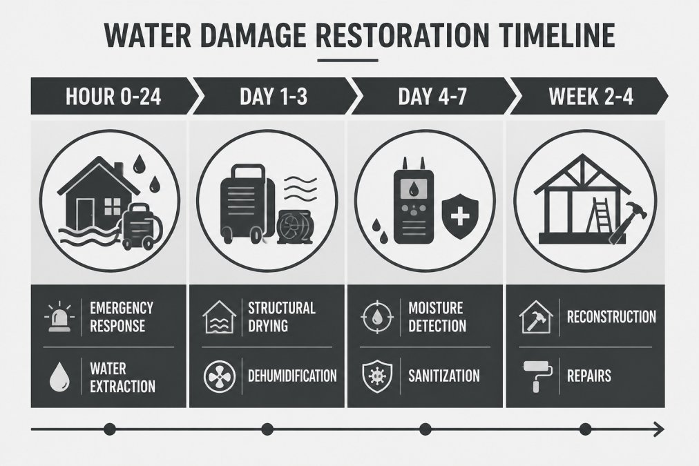 Infographic timeline of emergency home restoration phases from water extraction to final structural repairs