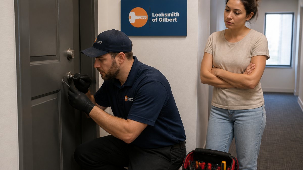 Professional locksmith in uniform using specialized non-destructive tools to unlock an apartment door, with tenant watching nearby in well-lit hallway