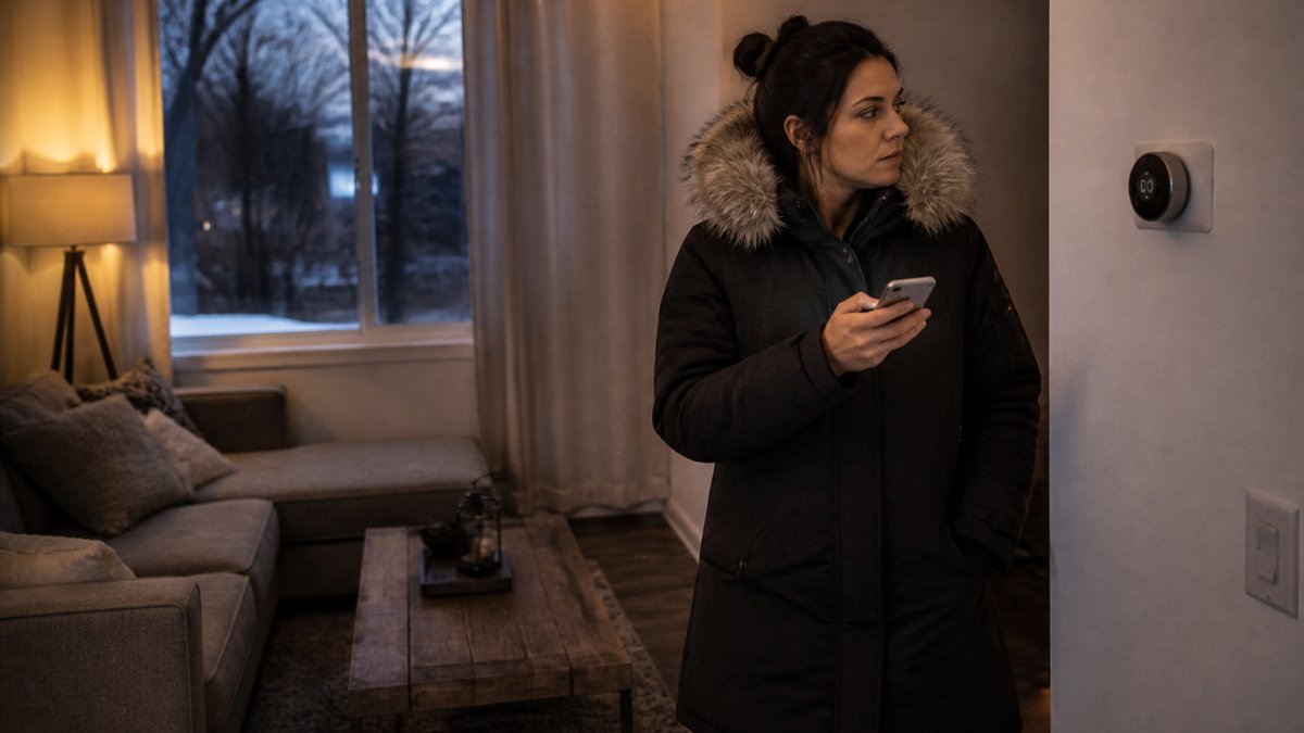 A homeowner in a winter coat standing in a cold living room, phone in hand, looking at a wall thermostat, dim evening light through the window