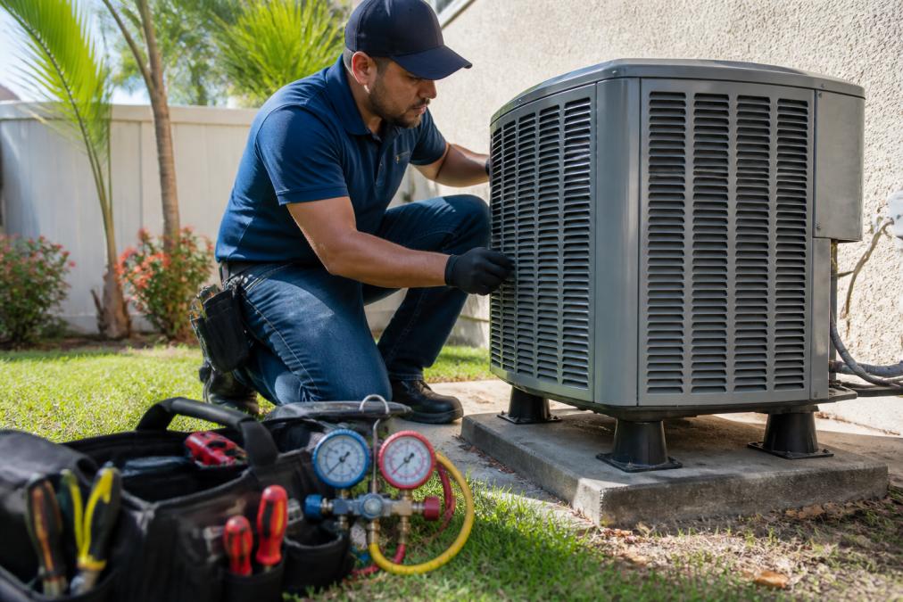 A uniformed HVAC technician crouching beside an outdoor AC condenser unit in a residential backyard on a bright sunny day, examining the unit with gauges and tools visible in the foreground