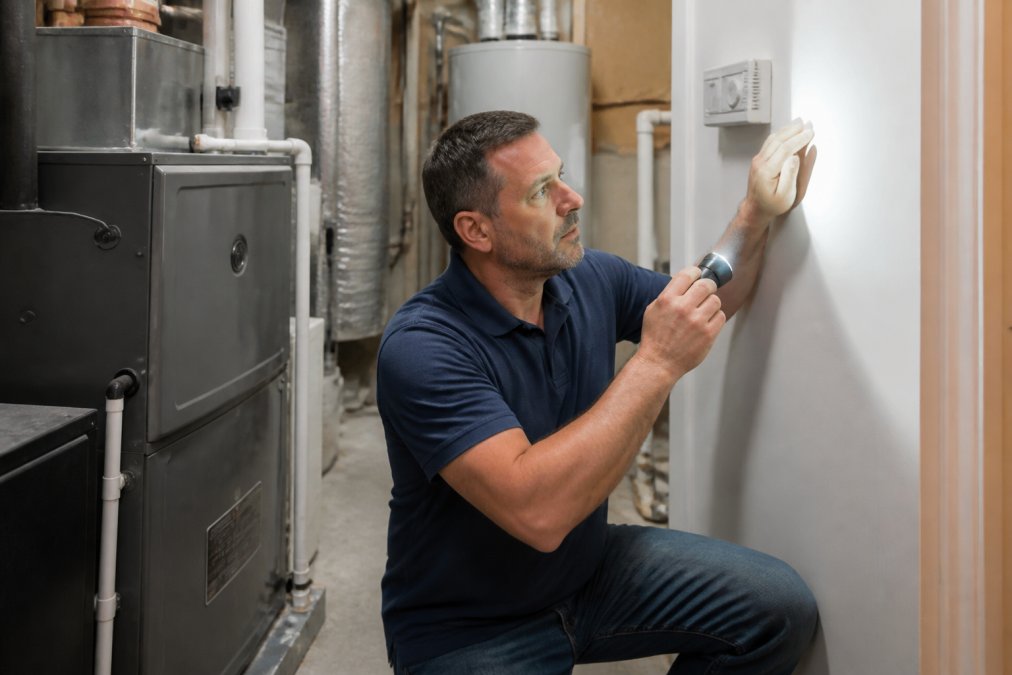 A homeowner kneeling beside a residential HVAC air handler in a utility room, shining a flashlight at the filter slot with a focused expression, warm overhead lighting casting soft shadows across the equipment