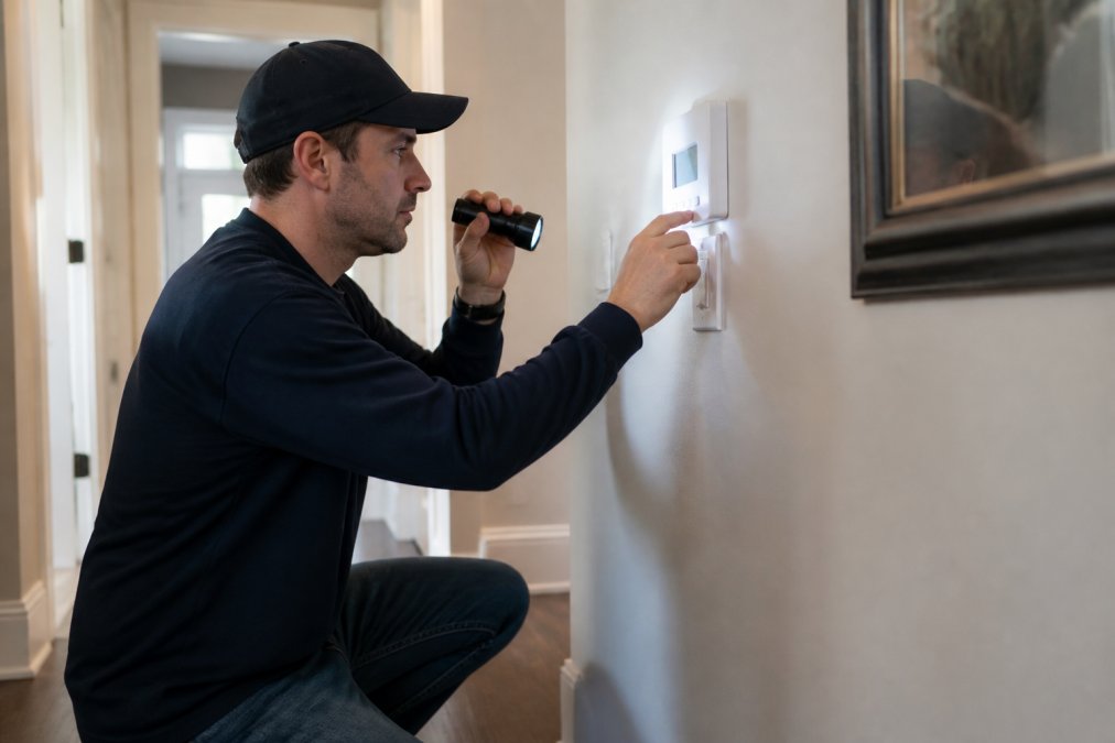A homeowner in casual clothes kneeling beside a hallway thermostat, shining a flashlight on the display while checking settings, calm and focused
